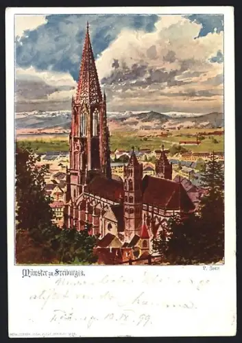 Künstler-AK Freiburg i. B., Münster mit Ausblick