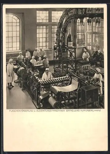 AK Mainz, Sektkellerei Kupferberg, Flaschenförderung u. Ausstattungs-Maschinen, Innenansicht