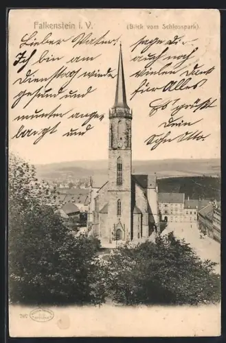 AK Falkenstein i. V., Blick vom Schlosspark auf Kirche und Stadt