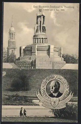 AK Hamburg-St.Pauli, Bismarck-Denkmal, enthüllt 1906, Porträt Otto von Bismarck