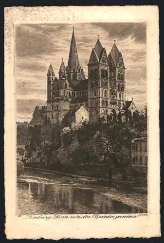 Künstler-AK Limburg / Lahn, Dom von der Lahnbrücke gesehen