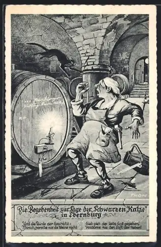 AK Bernkastel /Ebernburg, Sage der Schwarzen Katz, Weinkeller, Weinfass, schwarze Katze