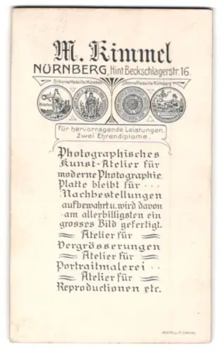 Fotografie M. Kimmel, Nürnberg, Fotografen Anschrift über Verdienstmedaillen und Dienstleistungen