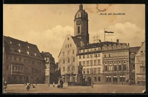 AK Jena, Markt mit Stadtkirche & Denkmal