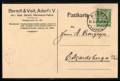AK Adorf i. V., Firmenkarte Berndt & Voigt, Maschinenfabrik
