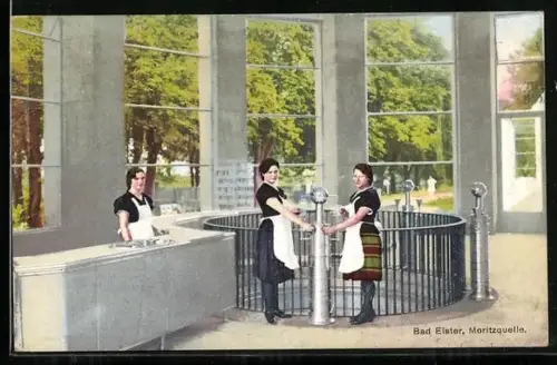 AK Bad Elster, Moritzquelle mit Angestellten