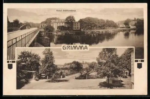AK Grimma, Hotel Schützenhaus, Platzansicht mit Brücke