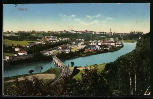 AK Leisnig, Ortsansicht mit Fluss und Brücke