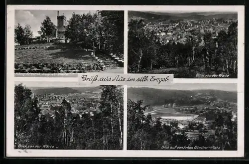 AK Aue im Erzgeb., König Friedrich-August-Warte, Anton Günther-Platz, Blick von der Warte