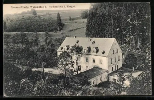 AK Wolkenstein i. Erzgeb., Gasthaus Waldmühle aus der Vogelschau