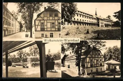 AK Wolkenstein, Strassenpartie, Freibad und Fachwerkhaus