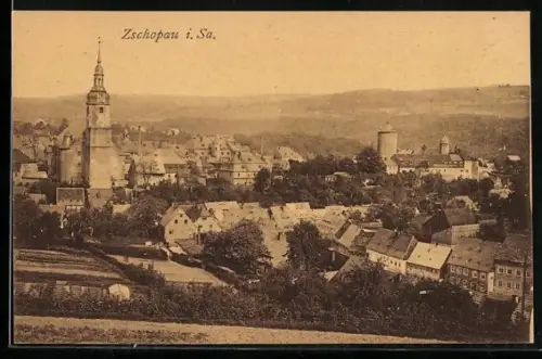 AK Zschopau, Ortsansicht vom Ortsrand aus