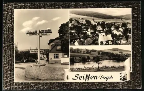 AK Seiffen /Erzgeb., Freibad, Ortsansicht und Wegweiser