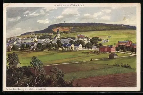 AK Scheibenberg / Sächs. Erzgeb., Ortsansicht mit Königin-Carola-Aussichtsturm