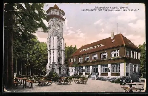 AK Scheibenberg i. sächs. Erzgeb., Aussichtsturm mit Restaurant, Bes. Otto Estler