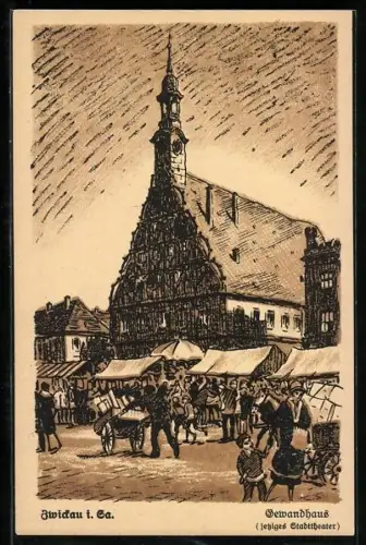 Künstler-AK Zwickau i. Sa., Gewandhaus, Marktszene