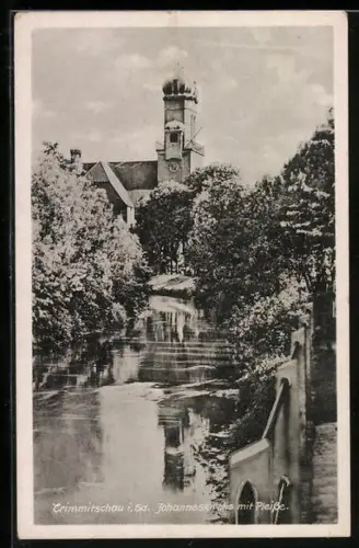 AK Crimmitschau i. Sa., Johanneskirche mit Pleisse