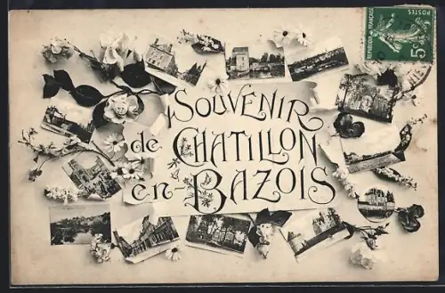 AK Châtillon-en-Bazois, Souvenir avec vues multiples et décor floral