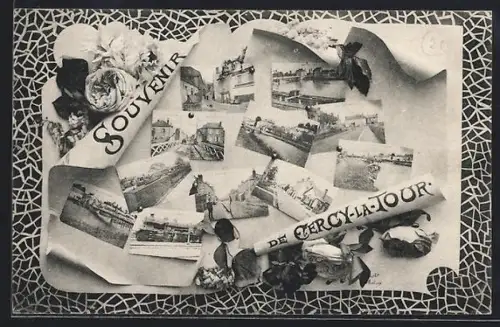 AK Cercy-la-Tour, Souvenir avec montage de cartes postales et fleurs