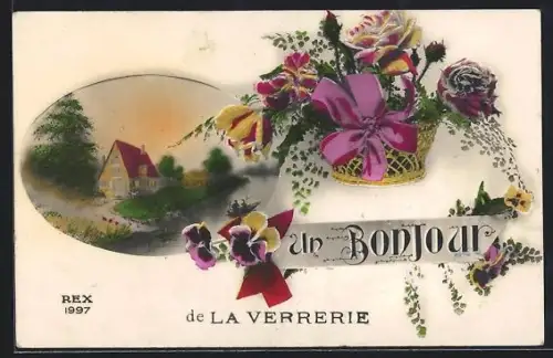 Künstler-AK La Verrerie, Un Bonjour fleuri avec vue sur une maison de campagne