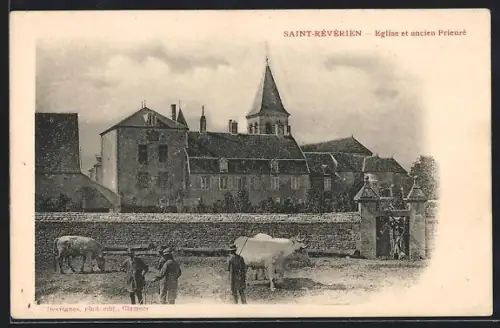 AK Saint-Révérien, Église et ancien Prieuré avec agriculteurs et bétail devant les bâtiments historiques