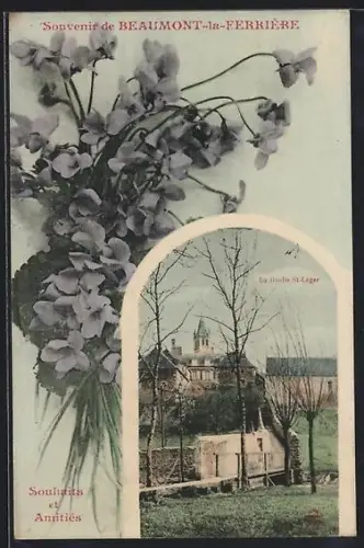 AK Beaumont-la-Ferrière, Souvenir avec bouquet de fleurs et vue de Ruelle St-Léger