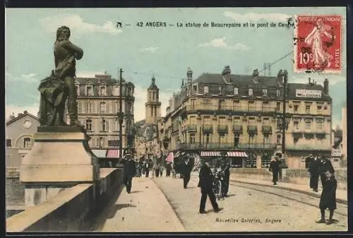 AK Angers, La statue de Beaurepaire et la pont de Central