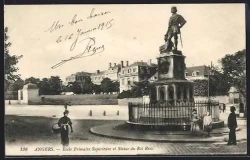 AK Angers, Ecole Primaire Supérieure et Statue du Roi René