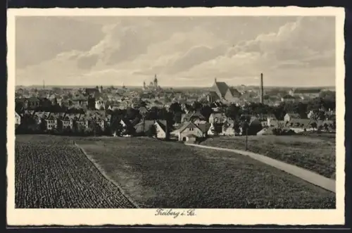 AK Freiberg i. Sa., Stadtansicht mit Kirche und Fabrikschornstein