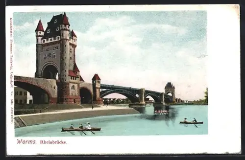 AK Worms, Rheinbrücke mit Ruderbooten
