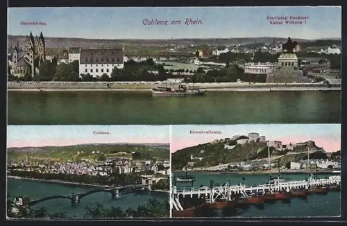 AK Coblenz am Rhein, Ortspanorama mit Castorkirche u. Kaiser-Wilhelm-Denkmal, Ehrenbreitstein