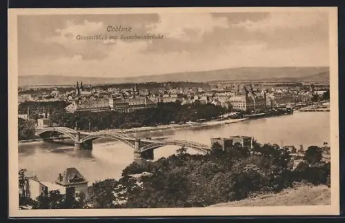 AK Coblenz, Gesamtblick mit Eisenbahnbrücke