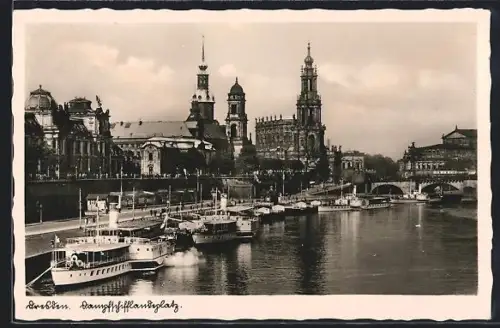AK Dresden, Dampfschifflandeplatz mit Stadtpanorama