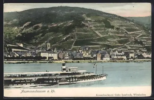 AK Assmannshausen a. Rh., Ortsansicht mit Rhein und Ausflugsschiff