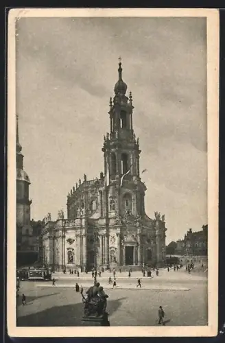 AK Dresden, Katholische Hofkirche, Strassenbahn