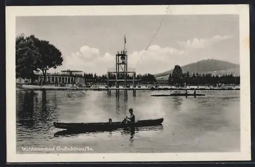 AK Grossschönau /Sa., Waldstrandbad, Badesee, Sprungturm, Ruderboot