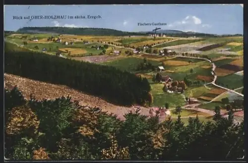 AK Ober-Holzhau /Erzgeb., Blick auf Ort, Fischers Gasthaus