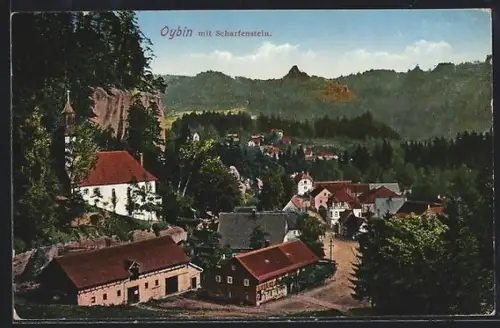 AK Oybin, Ort mit Scharfenstein