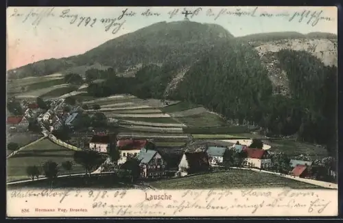 AK Lausche, Dorfansicht mit Berg