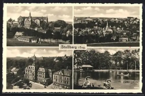 AK Stollberg i. Erzg., Schloss, Stadtansicht, Teich mit Schwänen