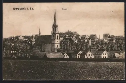AK Burgstädt i. Sa., Totalansicht mit Kirche