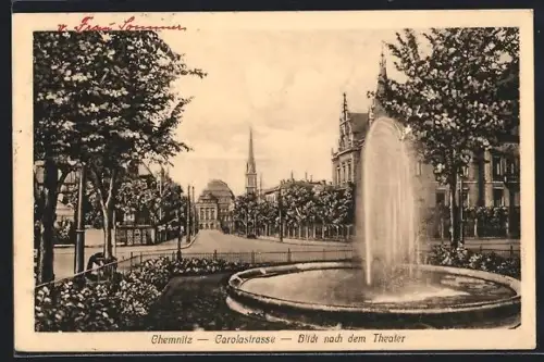 AK Chemnitz, Carolastrasse, Blick nach dem Theater, Springbrunnen