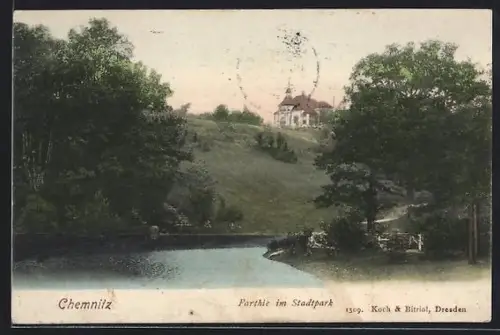 AK Chemnitz, Partie im Stadtpark mit Turmgebäude