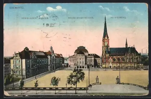 AK Chemnitz, König Albert Museum, Neues Stadttheater, Petrikirche