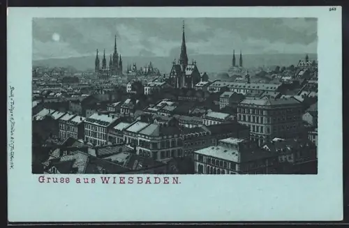 Mondschein-Lithographie Wiesbaden, Teilansicht mit Kirche