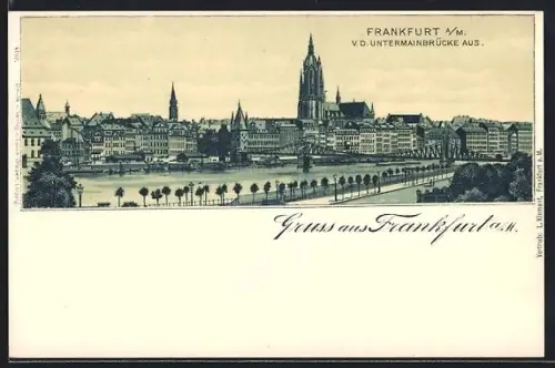 Lithographie Frankfurt a. M., Teilansicht mit Kirche von der Untermainbrücke aus