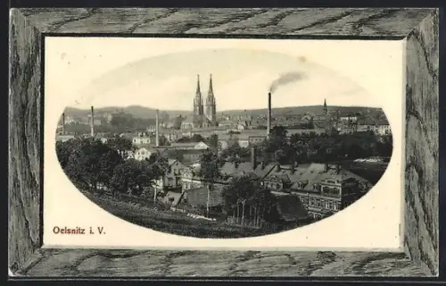 Präge-AK Oelsnitz i. V., Teilansicht mit Kirche, Passepartout
