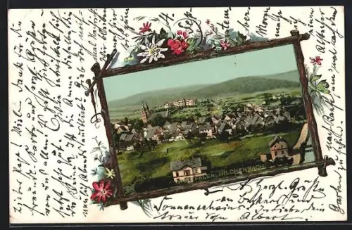 Lithographie Hilchenbach /Westfalen, Teilansicht mit Kirche, Passepartout