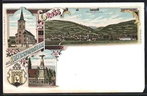 Lithographie Kaltennordheim, Kirche, Total-Ansicht, Krieger-Denkmal