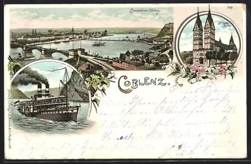 Lithographie Coblenz, St. Castor Kirche, Dampfer auf dem Rhein